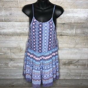 Aqua XS blue printed boho side corset mini flowy dress